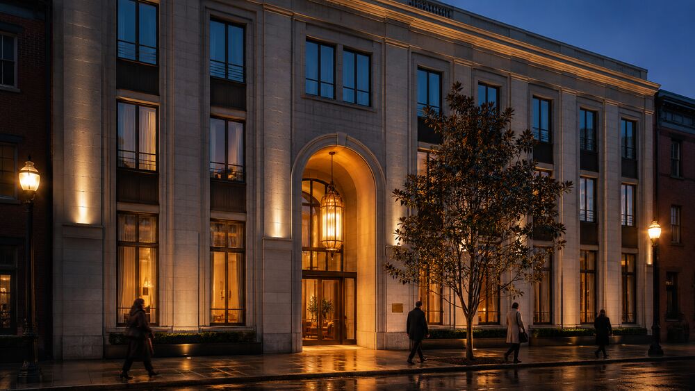 A four-story honed-limestone urban hotel façade at dusk, warm pendant light glowing through a tall arched entry portal onto a wet sidewalk, a single specimen tree to one side, no signage.